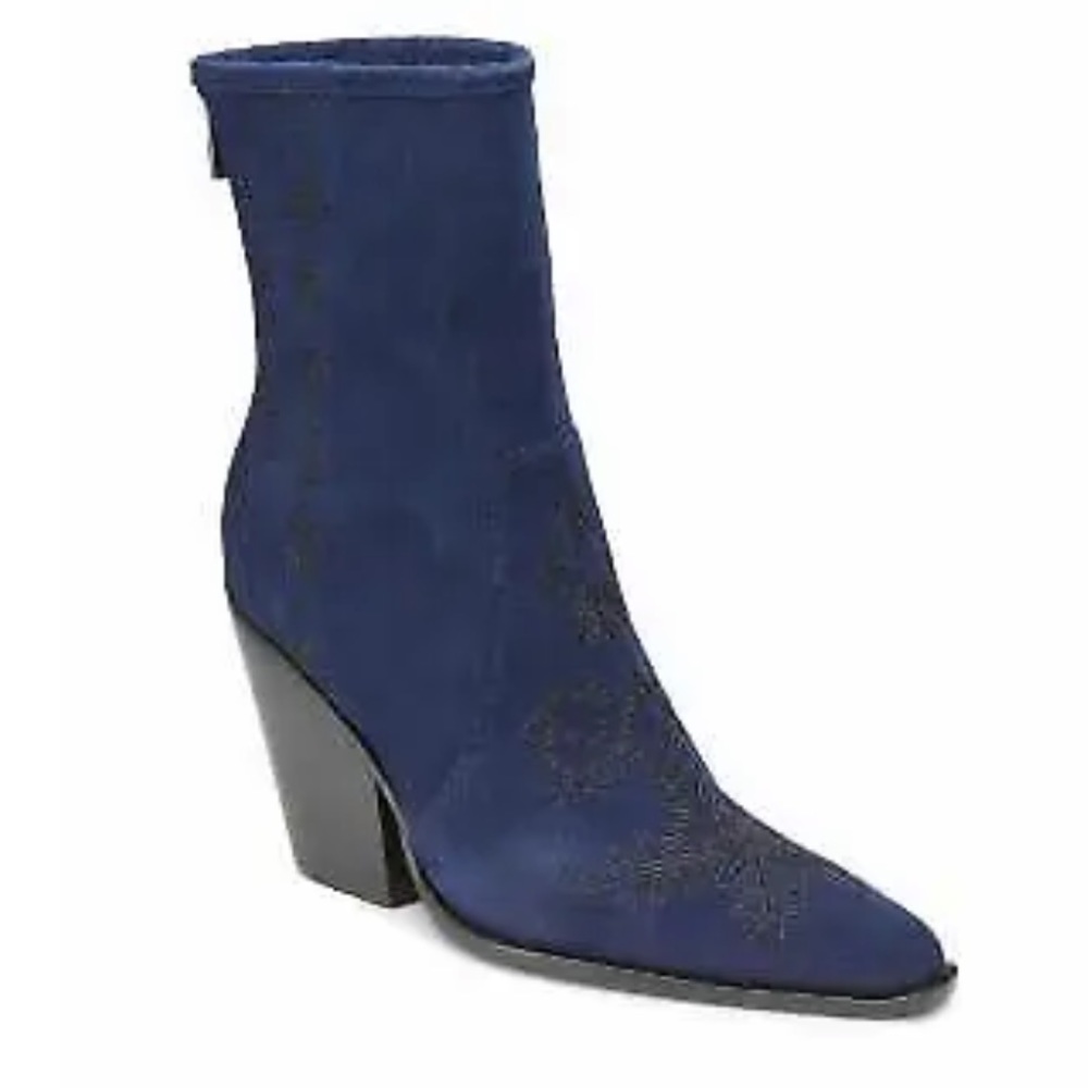 Rebel | Avery Blue Suede Embroidered Ankle Snip Toe Boots